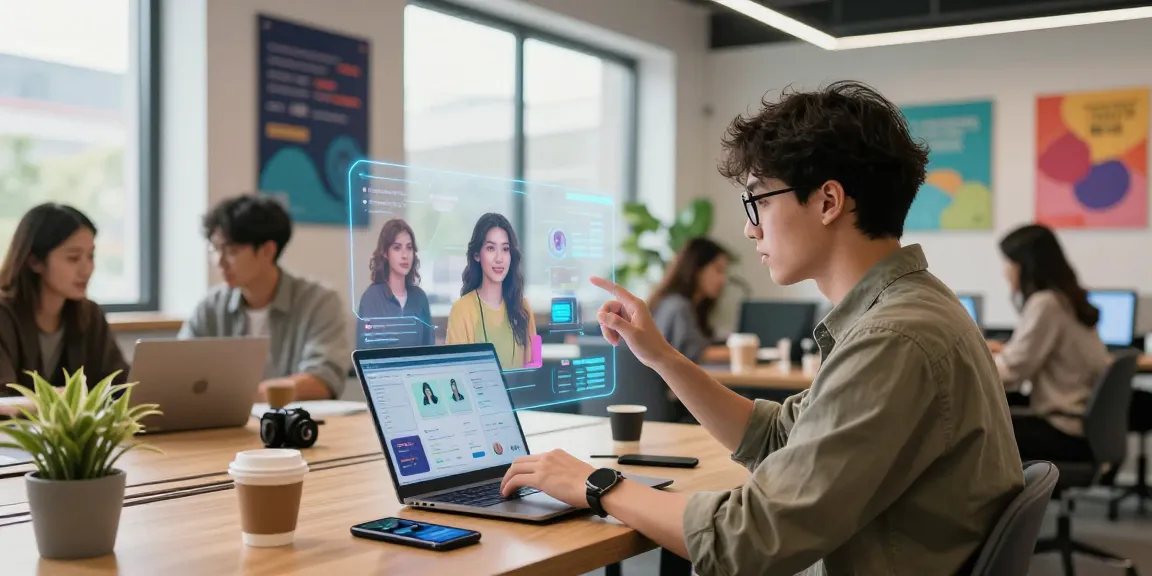 AI gf concept with user interacting in a modern co-working space.