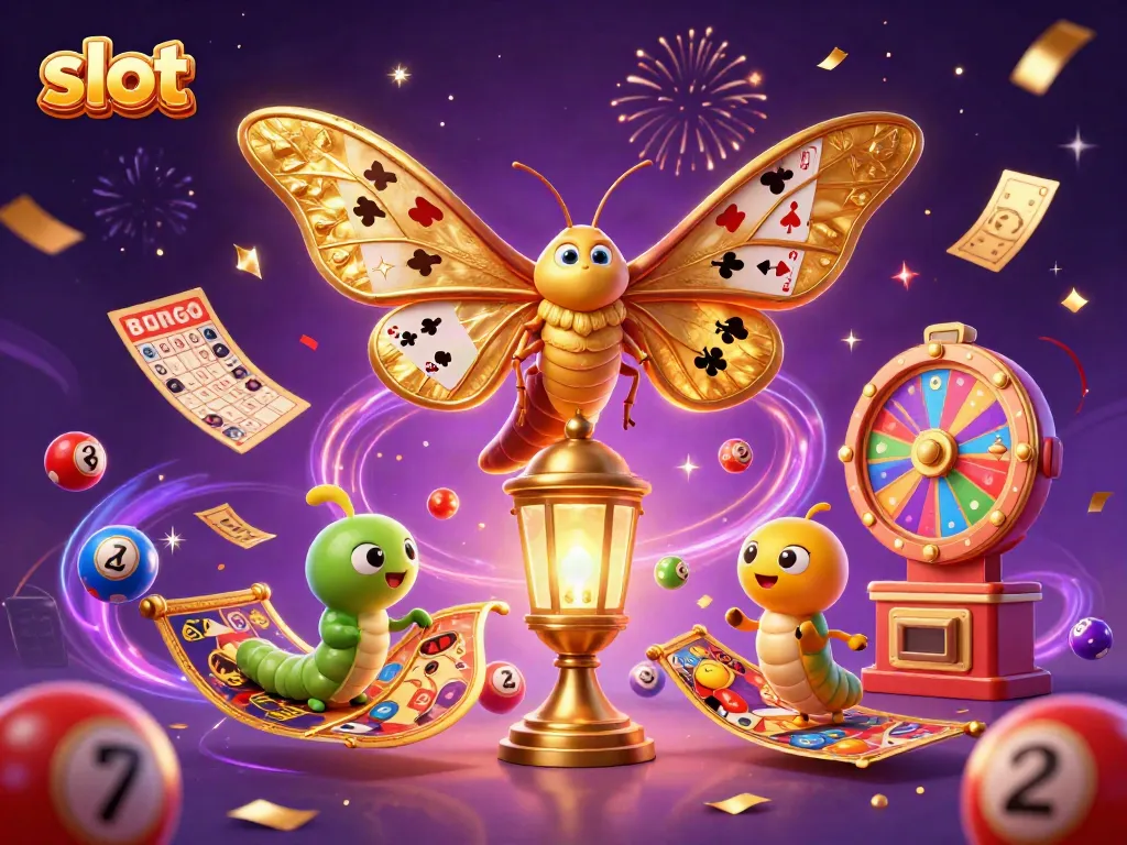 Slot menarik dengan kupu-kupu 3D bersayap emas dan bola lotere berwarna-warni melawan latar belakang ungu.