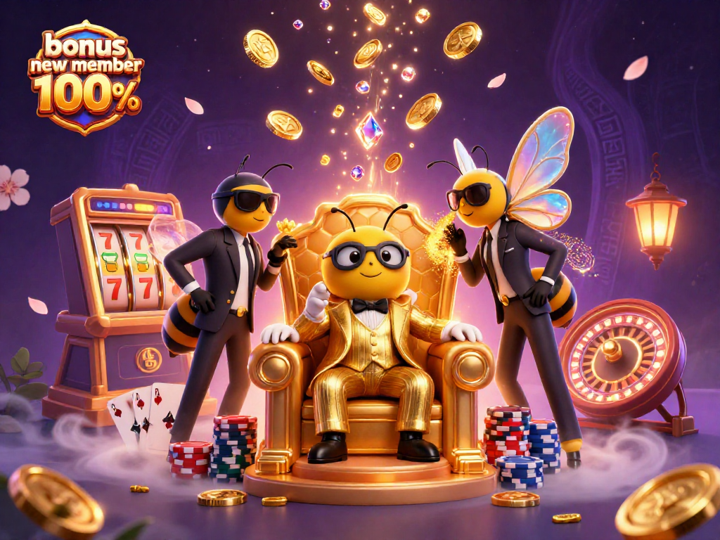 Spin to win with the bonus new member 100%, featuring lively casino elements and a vibrant atmosphere.