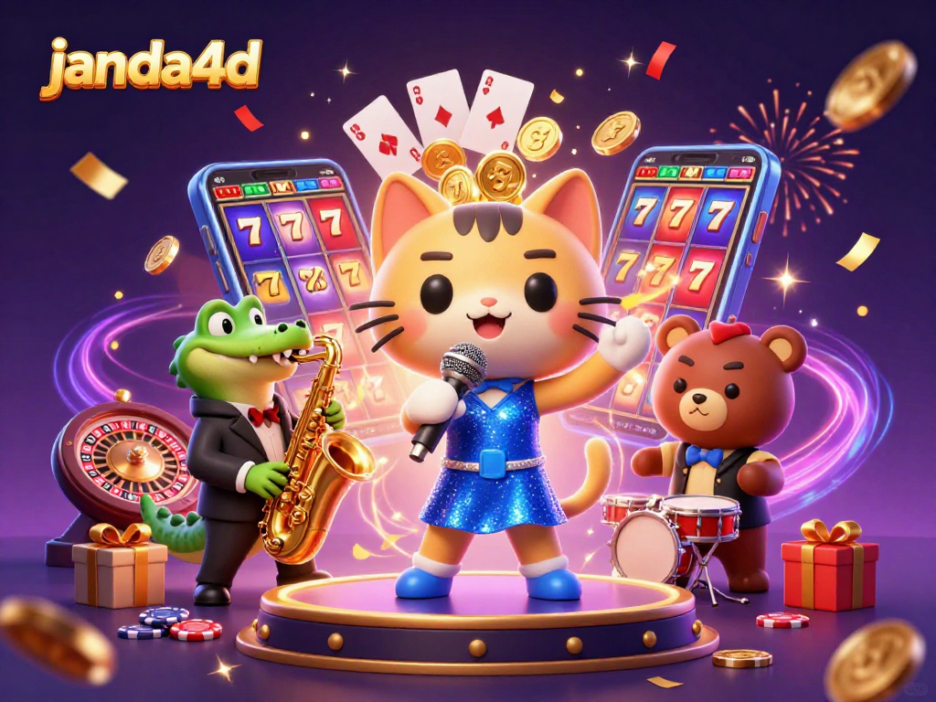 Catch the excitement of janda4d with a jazzy casino scene featuring colorful slot games and lively characters.