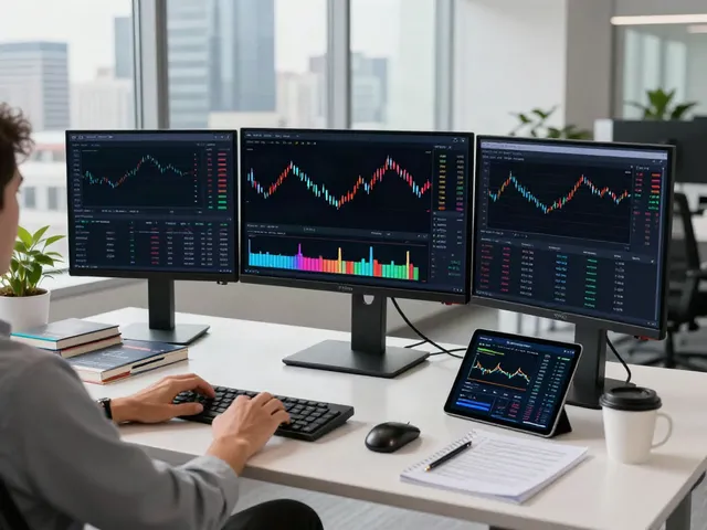 HKEX data API being analyzed in a professional cryptocurrency trading setup with multiple monitors and market research materials.