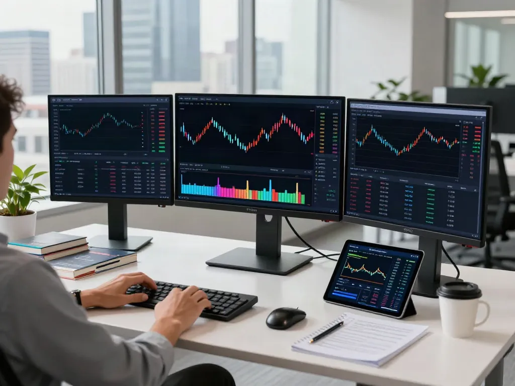 HKEX data API being analyzed in a professional cryptocurrency trading setup with multiple monitors and market research materials.