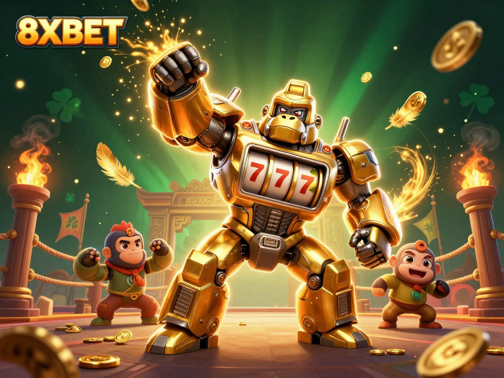 Engage with thrilling action at 8XBET featuring a robotic gorilla mech surrounded by a vibrant casino environment.