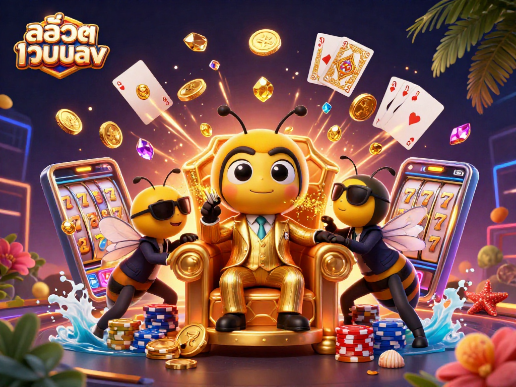 Engage with สล็อตเว็บตรง in a vibrant 3D scene featuring a bumblebee mob boss and slot machines.