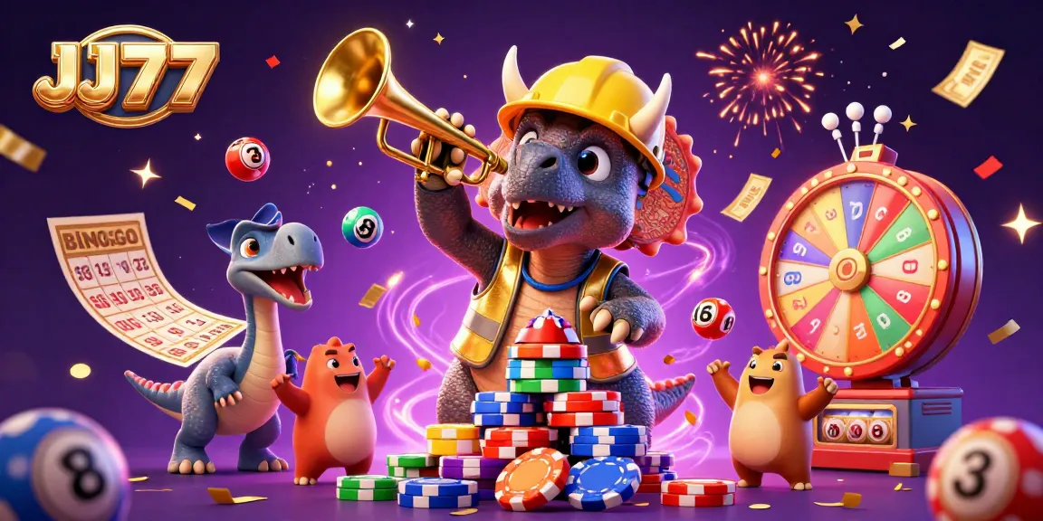 JJ77 casino app illustration featuring a triceratops and a parasaurolophus celebrating with colorful game elements.