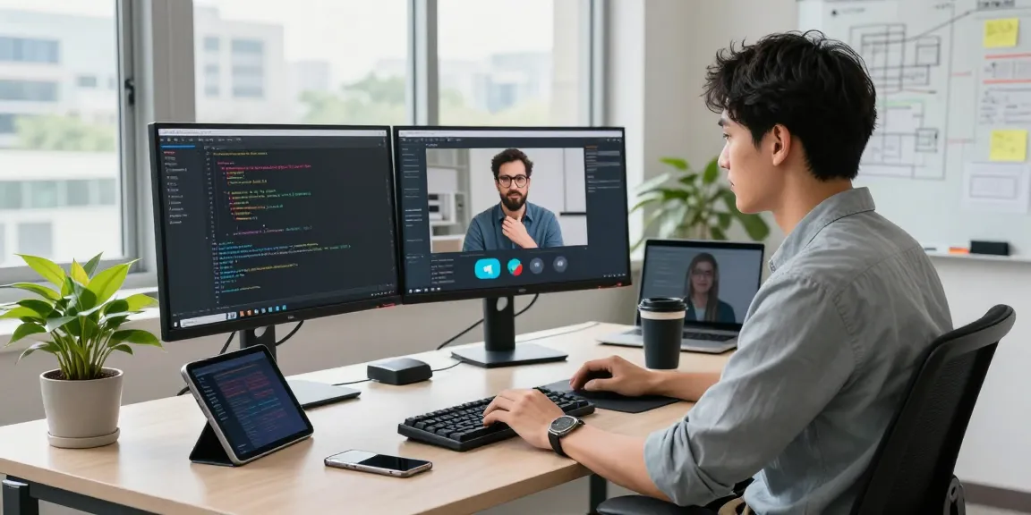 Dynamic tech workspace featuring a professional collaborating on telegramin-cn.com interface with dual monitors and modern gadgets.