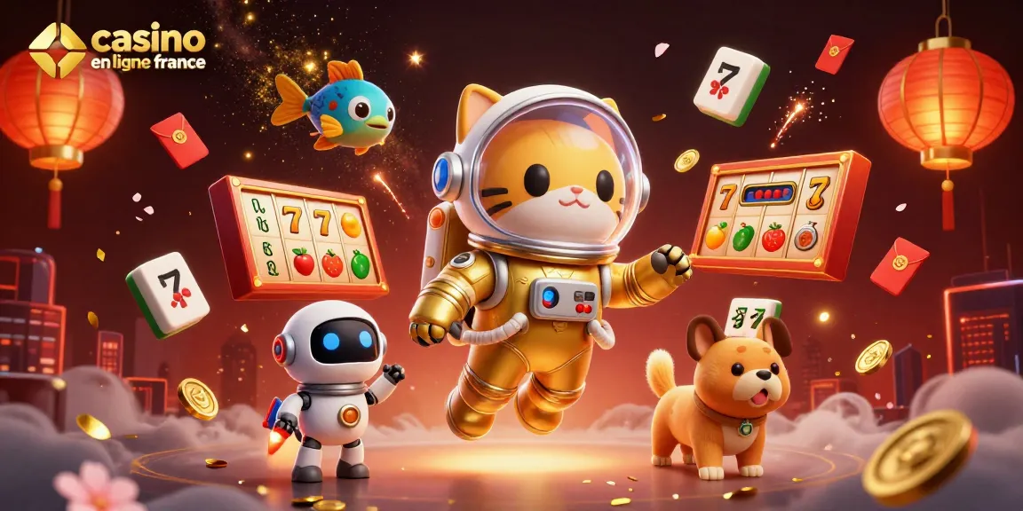 Plongez dans l'univers du casino en ligne en France avec un chat astronaute et un chien robot dans une illustration 3D vibrante.