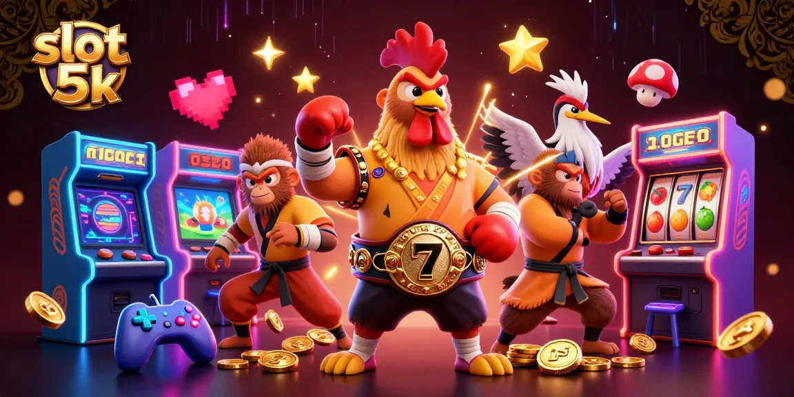Spin the reels with slot 5k featuring unique characters and vibrant arcade elements in this dynamic casino scene.