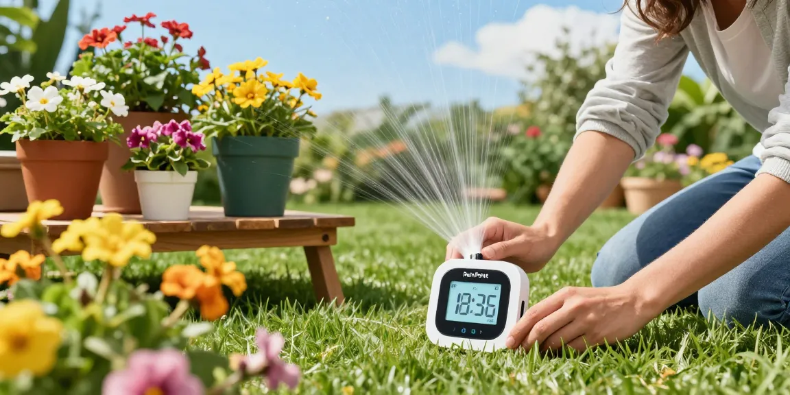 Setting the RainPoint sprinkler timer for efficient garden irrigation in a vibrant outdoor space.